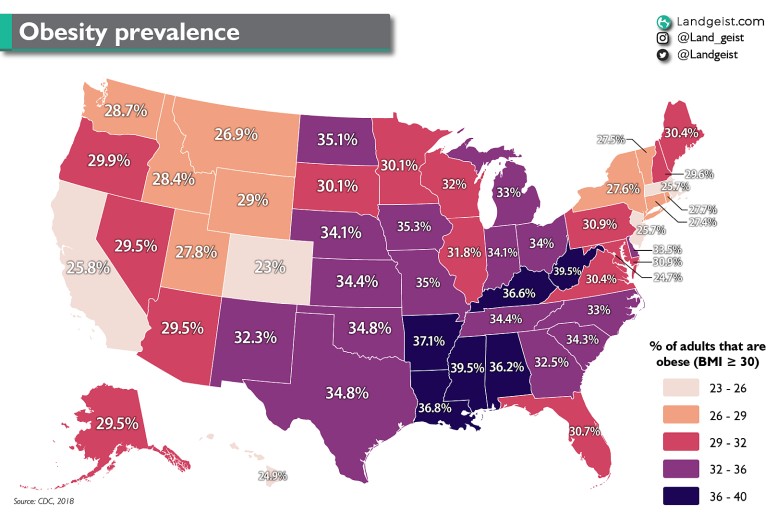 Współczynnik otyłości według stanu USA, 2018