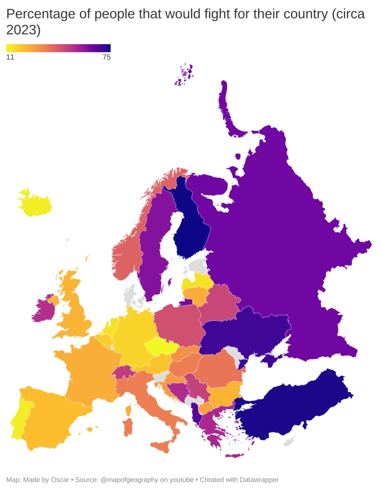 Odsetek Europejczyków, która byłaby gotowa walczyć za swój kraj, 2022-2023