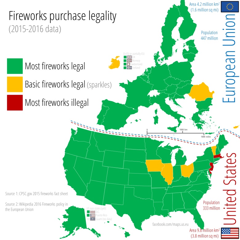 Fajerwerki dostępne dla klientów w Unii i USA, dane 2015-2016