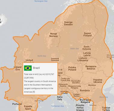 Mapa Brazylii naniesiona na mapę Europy.