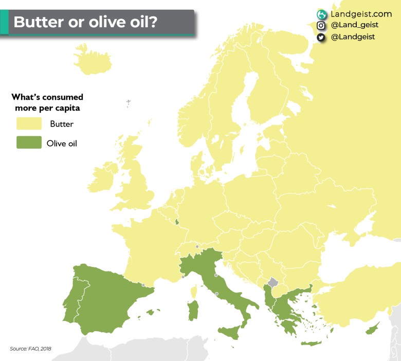 Masło czy oliwa z oliwek? Na podstawie rzeczywistego zużycia na mieszkańca, 2018