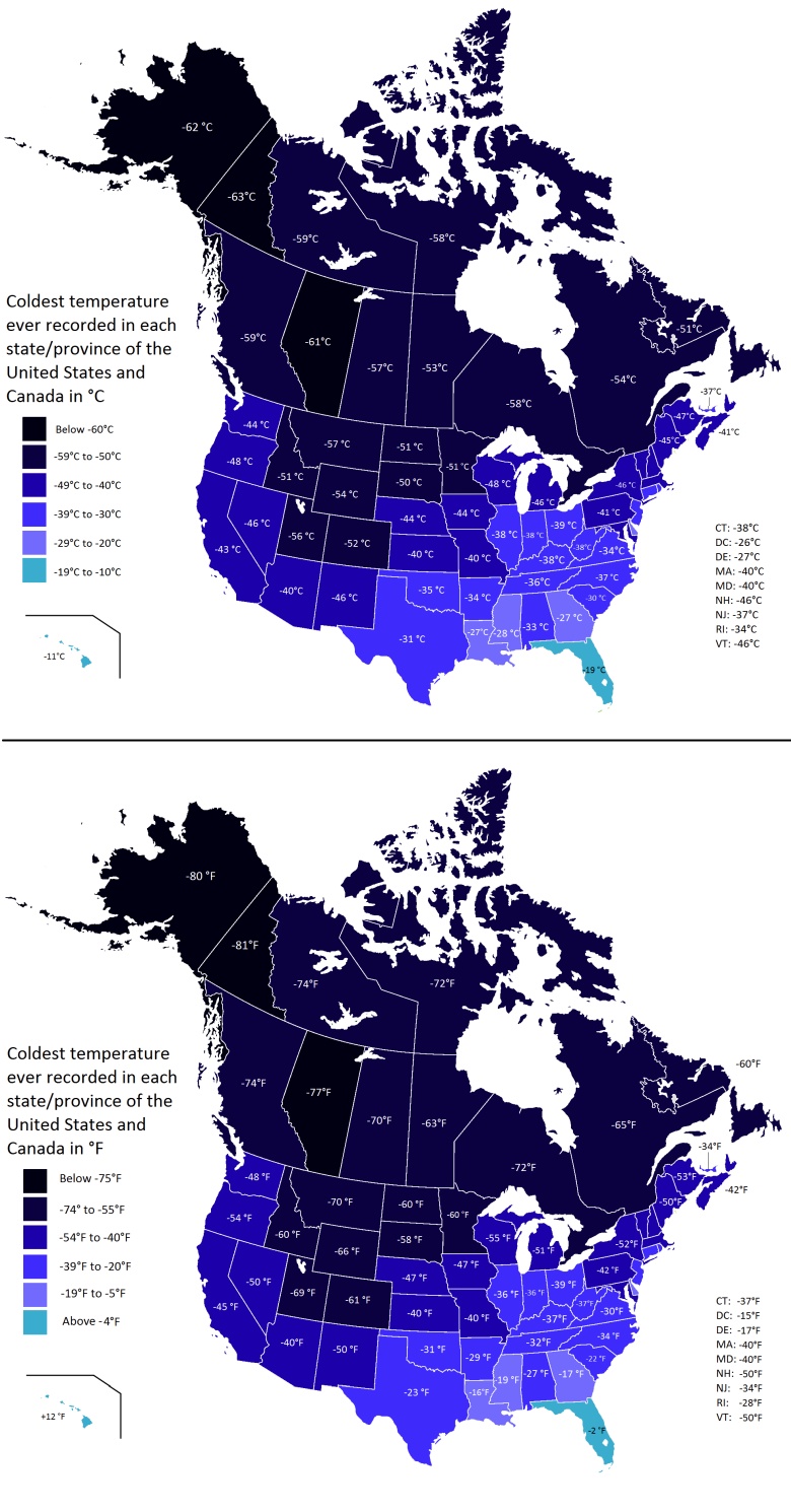 Najniższa odnotowana temperatury w poszczególnych stanach USA i Kanadzie
