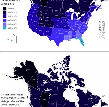 Najniższa odnotowana temperatury w poszczególnych stanach USA i Kanadzie