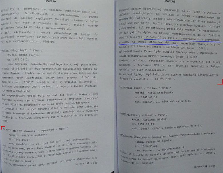 Teczka Janusza Korwina Mikke - bezpieka rezygnuje z pozyskania z powodu wrogiego stosunku do PRL.