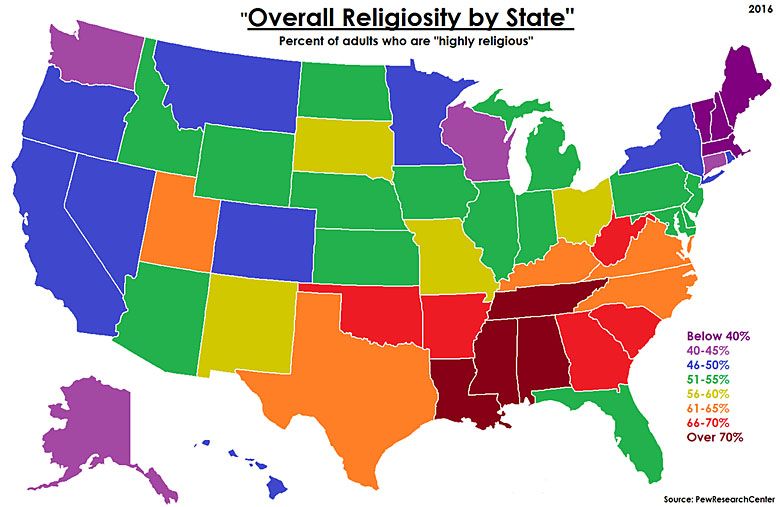 Poziom religijności w poszczególnych stanach USA (dane 2016)