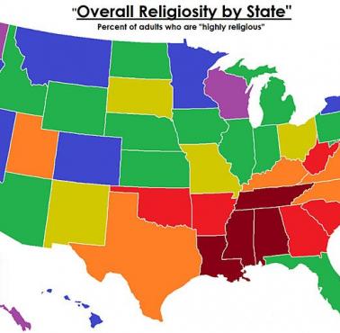 Poziom religijności w poszczególnych stanach USA (dane 2016)