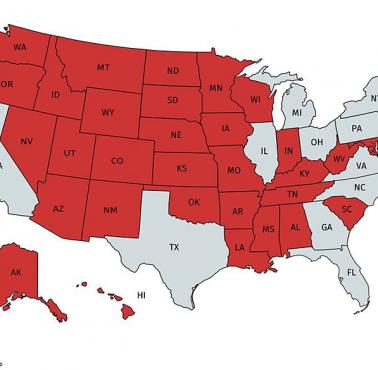 Mapa stanów USA, których liczba mieszkańców jest mniejsza niż Nowego Jorku.