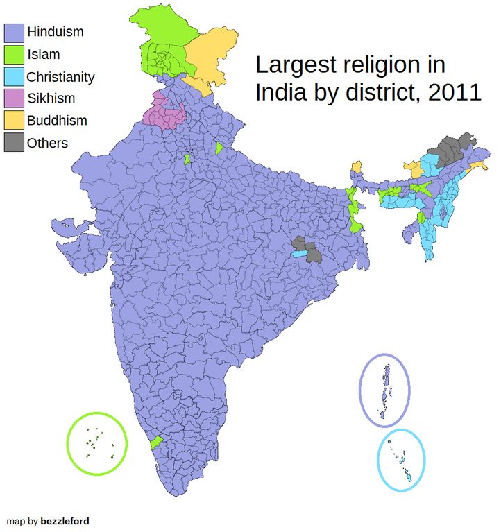 Mapa dominujących religii w poszczególnych dystryktach Indii, według spisu ludności, 2011