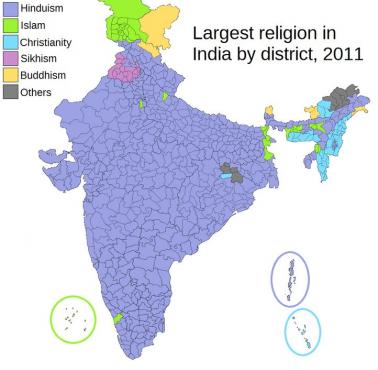 Mapa dominujących religii w poszczególnych dystryktach Indii, według spisu ludności, 2011