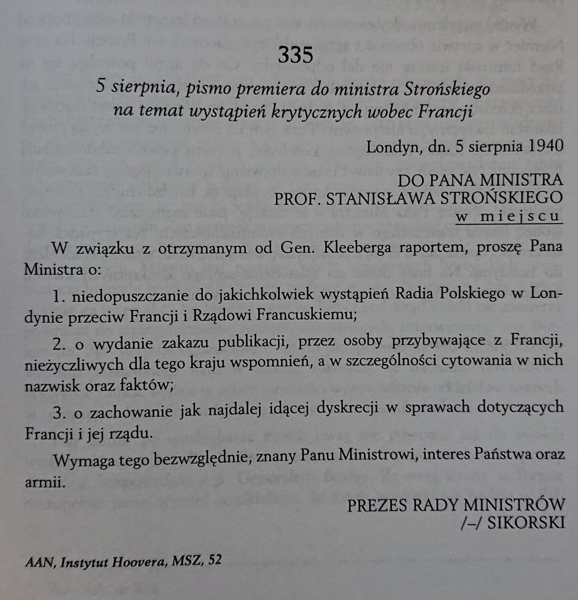 Pismo premiera Sikorskiego do ministra Strońskiego, 5 VIII 1940