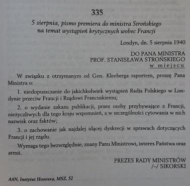 Pismo premiera Sikorskiego do ministra Strońskiego, 5 VIII 1940