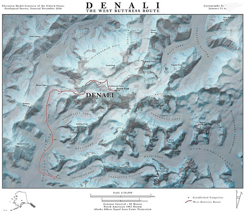 Mapa ukształtowania terenu wokół najwyższego szczytu Ameryki Północnej - McKinley (obecnie Denali).