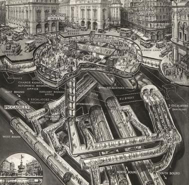 Przekrój londyńskiej stacji metra Piccadilly wykonana w 1928 roku.