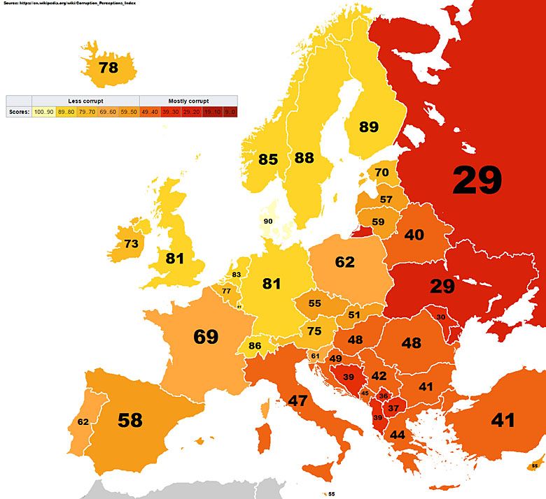 Poziom korupcji w poszczególnych państwach Europy (dane 2016)