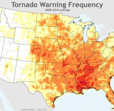 Częstotliwość występowania tornad w USA w latach 2008-2016 z podziałem na hrabstwa