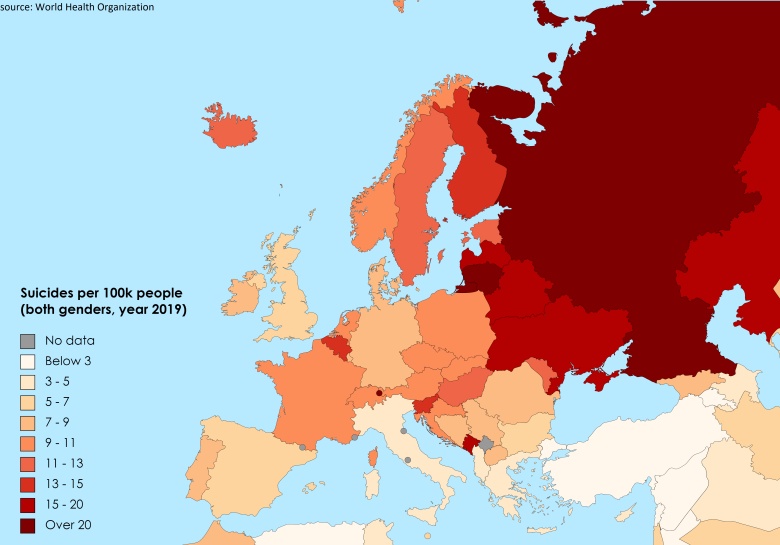 Wskaźniki samobójstw na 100 tys. mieszkańców w Europie, 2019, WHO