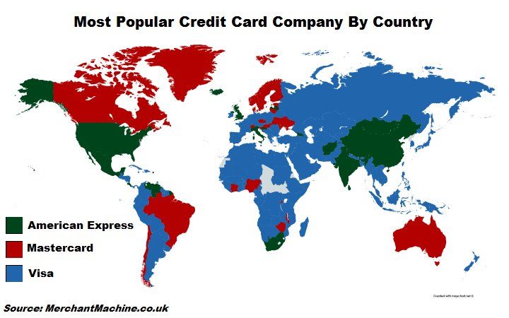 Najpopularniejsze marki kart płatniczych w poszczególnych państwach świata