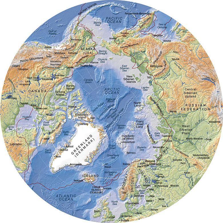 Mapa Arktyki – obszar Ziemi otaczający biegun północny.