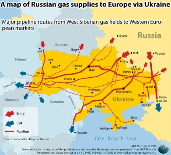 Mapka przepływu rosyjskiego gazu przez Ukrainę