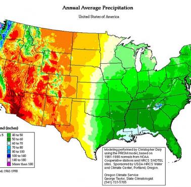 Średnie roczne opady w USA (badania od 1961-1990)