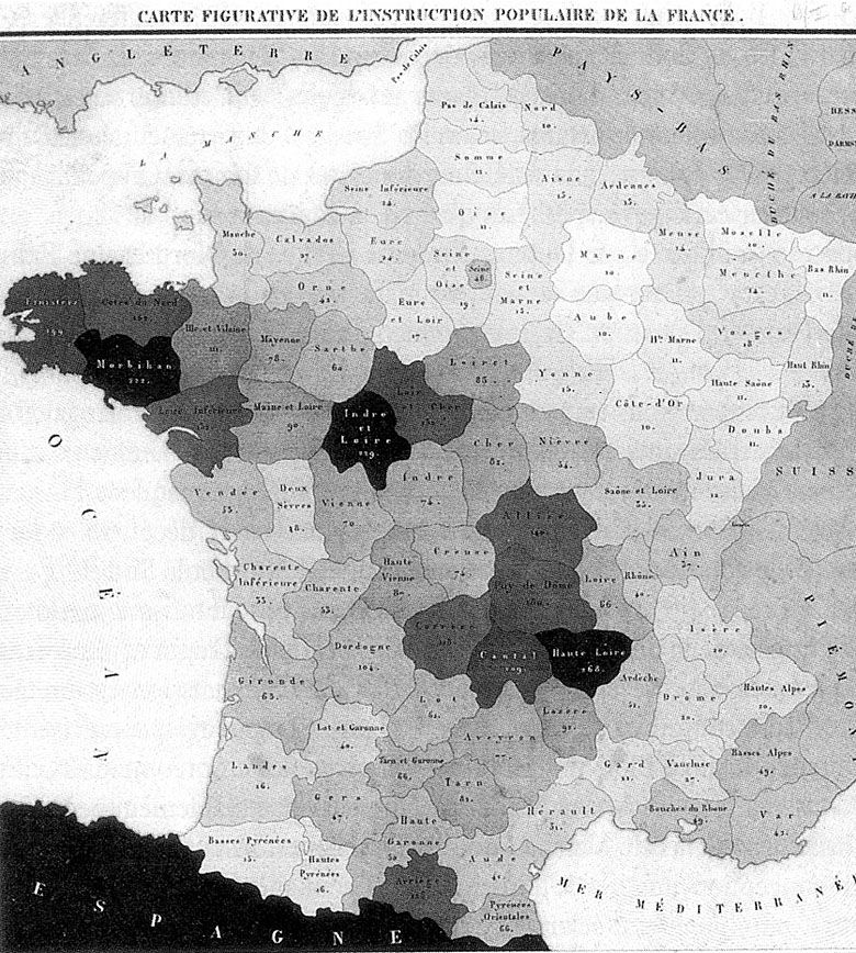 Analfabetyzm we Francji w 1826 roku, mapa autorstwa Charlesa Dupina