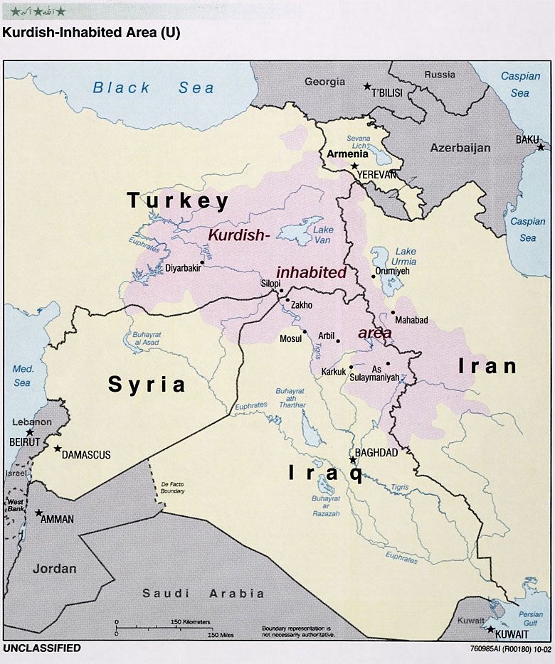 Tereny zamieszkałe przez Kurdów (mapa CIA z 2002 roku)