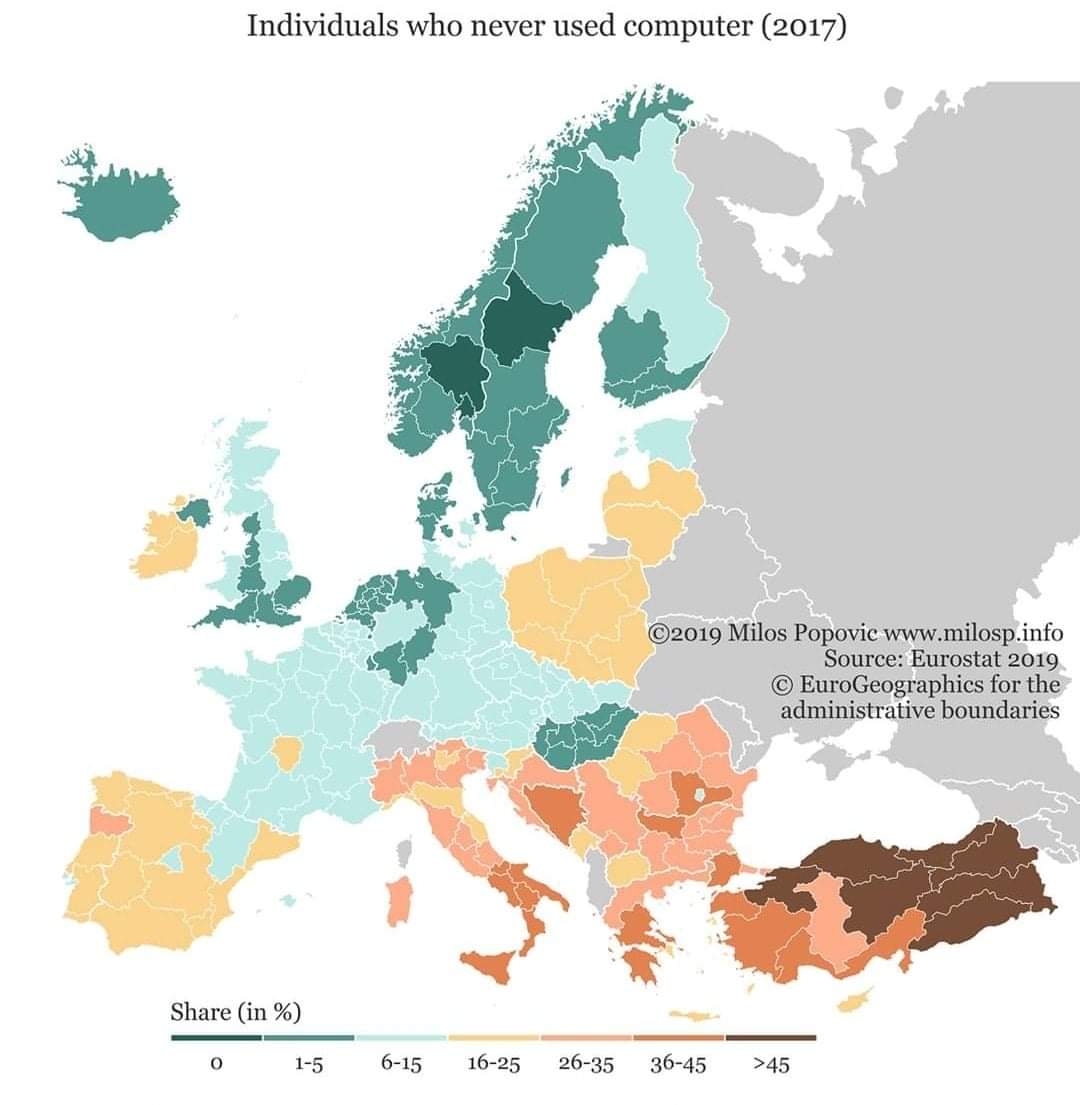 Odsetek osób w krajach europejskich, które nigdy nie korzystały z komputera, 2017