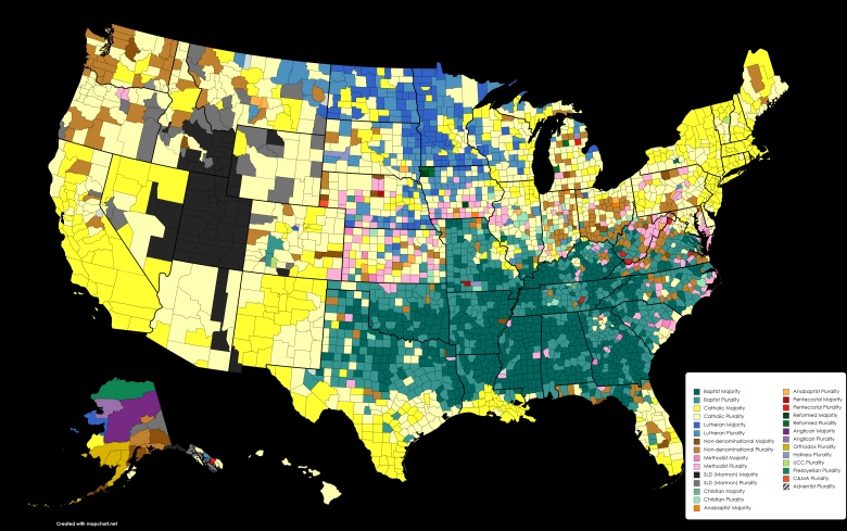 Chrześcijaństwo (katolicy, protestanci, mormoni ..) w USA według hrabst, 2020
