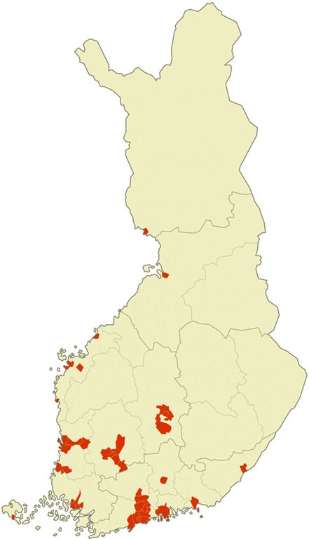 Mapa z naniesionymi miejscami, gdzie żyje 50 proc. mieszkańców Finlandii.