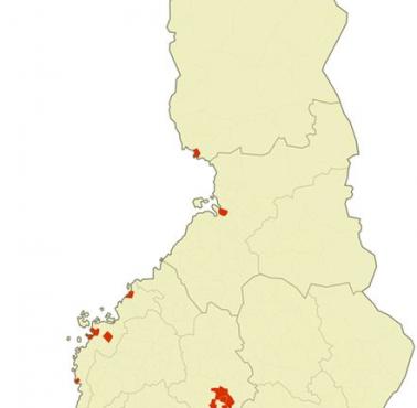 Mapa z naniesionymi miejscami, gdzie żyje 50 proc. mieszkańców Finlandii.