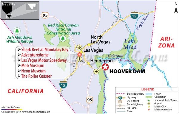 Mapa z naniesioną Zaporą Hoovera (Hoover Dam)