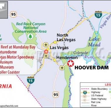 Mapa z naniesioną Zaporą Hoovera (Hoover Dam)