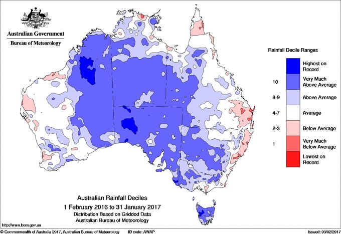 Mapa opadów w Australii 2016/2017