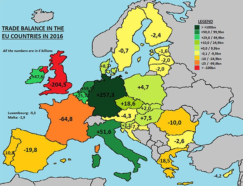 Bilans handlowy między krajami Unii w 2016 roku