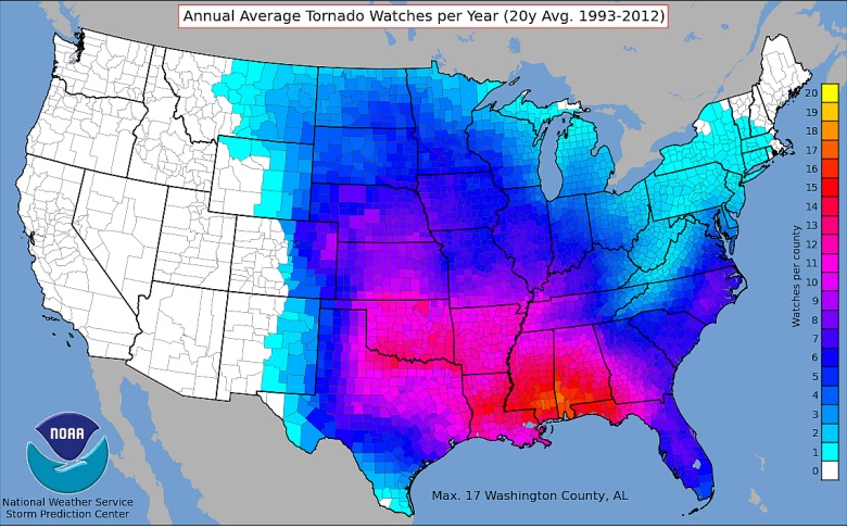 Średnia liczba ostrzeżeń przed tornadami w USA (1993-2012)