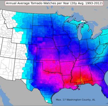 Średnia liczba ostrzeżeń przed tornadami w USA (1993-2012)