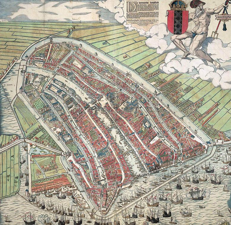 Mapa Amsterdamu wykonana w formie drzeworytu przez Cornelisa Antonisza w połowie XVI wieku