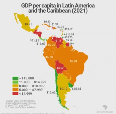 PKB per capita w Ameryce Łacińskiej i na Karaibach, 2021