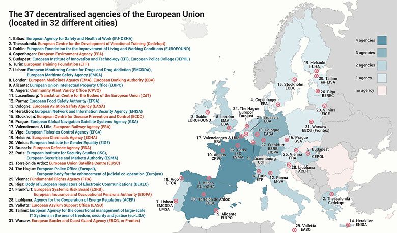 Lokalizacja 37 agencji Unii Europejskiej