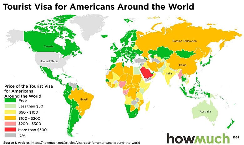 Ile kosztują wizy dla obywateli USA w poszczególnych krajach świata (dane 2016).