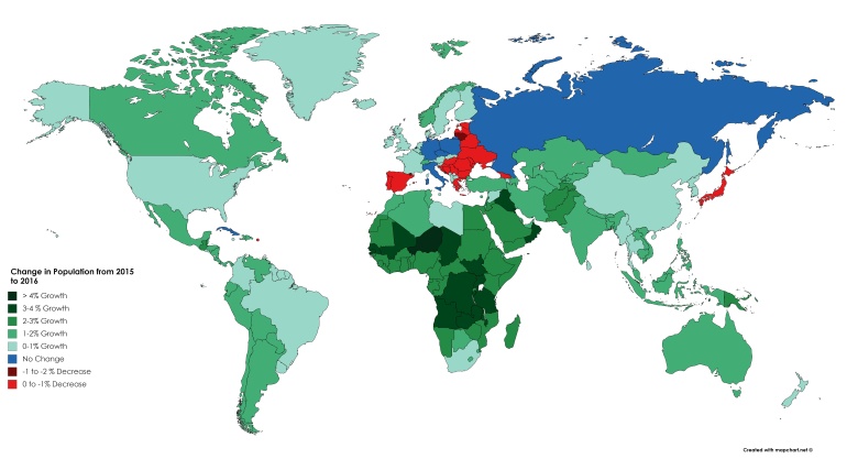Wzrost populacji w poszczególnych państwach świata w latach 2015/2016