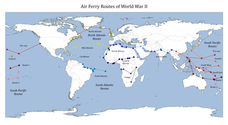 Trasy lotnicze podczas II wojny światowej (North Atlantic Route, South Atlantic Route i South Pacific Route)