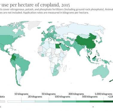 Zużycie nawozu na hektar ziemi uprawnej, 2015