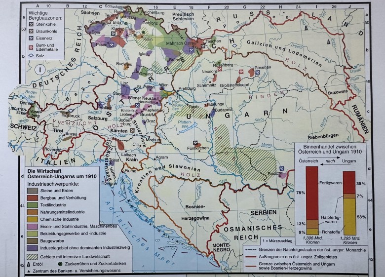 Mapa ekonomiczna, gospodarcza Austro-Węgier, 1910