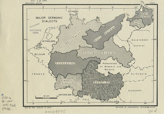 Amerykańska mapa z 1942 roku z naniesionymi głównym niemieckimi dialektami w III Rzeszy.