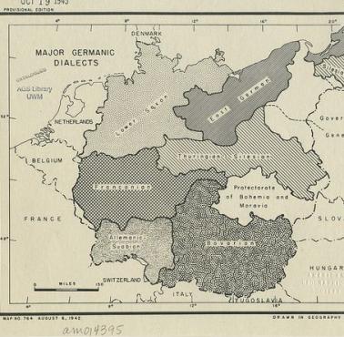 Amerykańska mapa z 1942 roku z naniesionymi głównym niemieckimi dialektami w III Rzeszy.