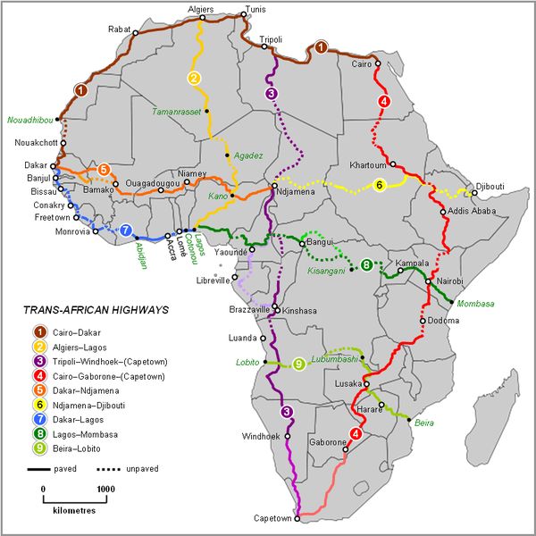 Trans-African Highways – sieć dziewięciu dróg transkontynentalnych, łączących stolice oraz główne skupiska ludności.