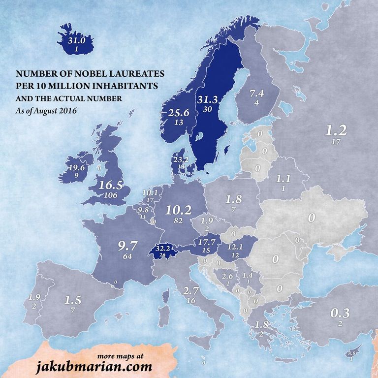 Laureaci Nobla na 10 mln mieszkańców w Europie, 2016