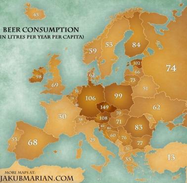 Konsumpcja piwa w Europie na głowę mieszkańca