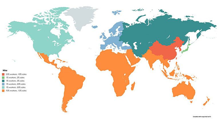 Produkcja i sprzedaż asortymentu firmy Nike w poszczególnych krajach świata.